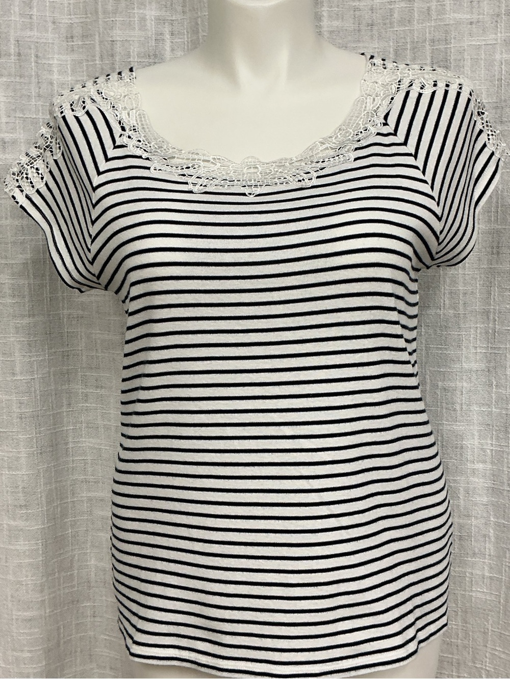 Westport Black and White Striped Lace-Trim Short Sleeve Top